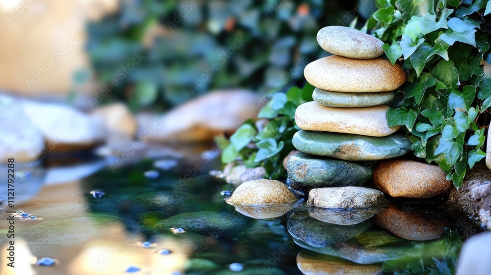 Aufkleber tranquil stacked pebbles with lush ivy reflecting in serene water creating a calming natural ambianc
