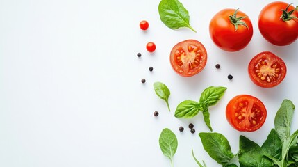 Fototapeta premium Fresh ripe tomatoes and green basil leaves arranged on a white background showcasing healthy vegetables and vibrant colors