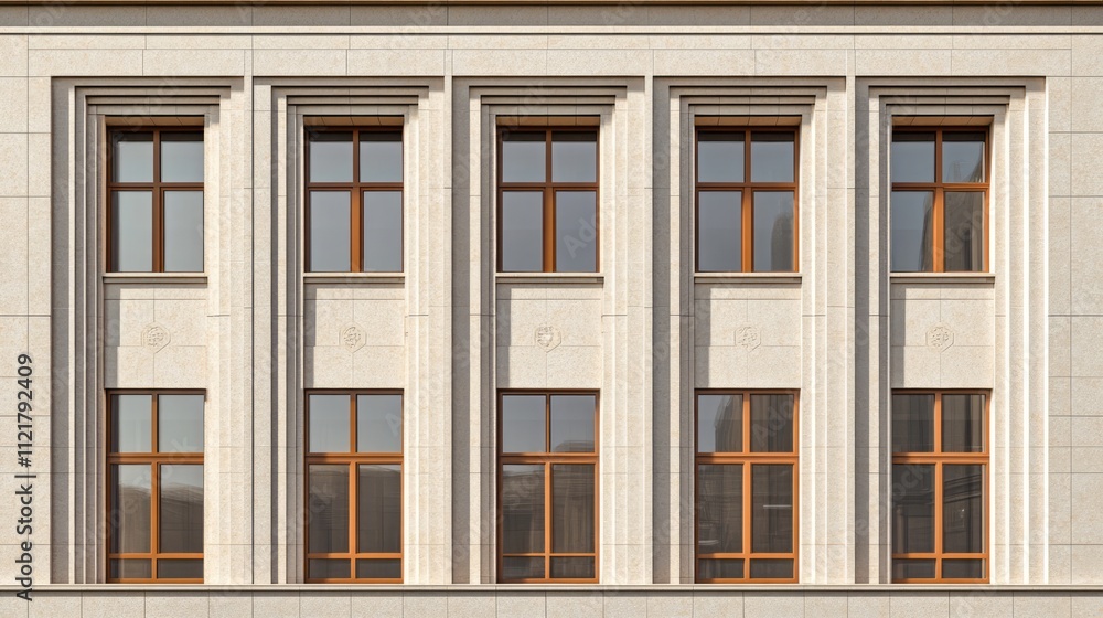 Poster Modern building facade with symmetrical windows and elegant finishing materials representing contemporary architecture in a business center.