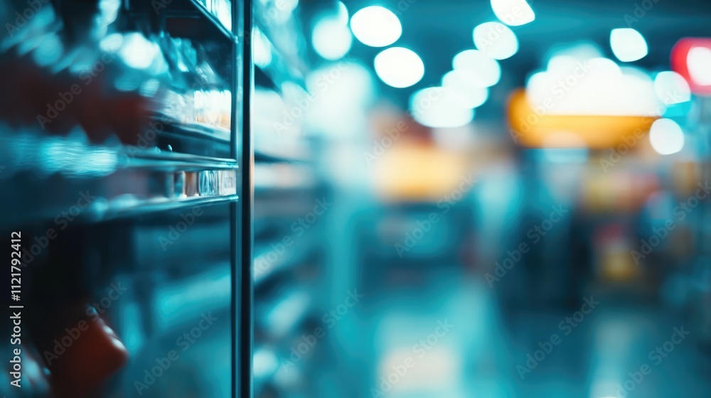 Poster supermarket aisle abstract background with blurred shelves and soft bokeh lights creating a cozy sho