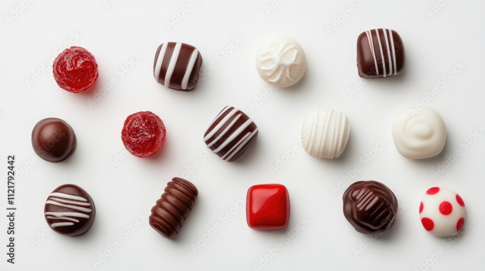 Poster Variety of colorful candies arranged in artistic patterns on a clean white background showcasing different shapes and textures