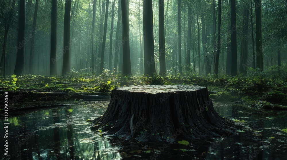 Poster mysterious forest scene showcasing a tree stump surrounded by lush greenery and misty atmosphere cre