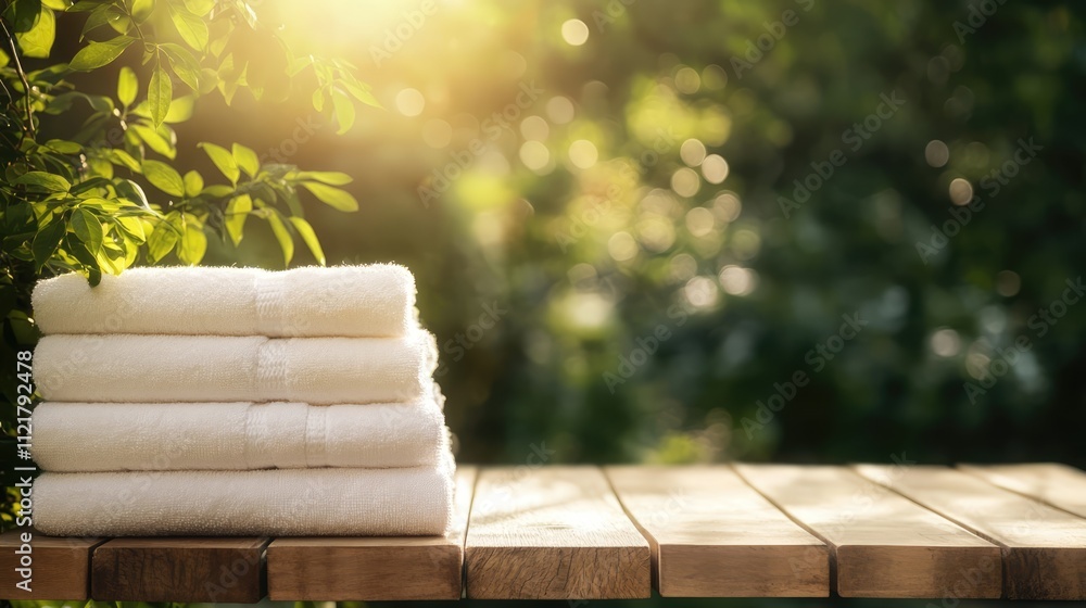 Aufkleber stacked white spa towels on wooden surface with lush green background and soft sunlight creating a s