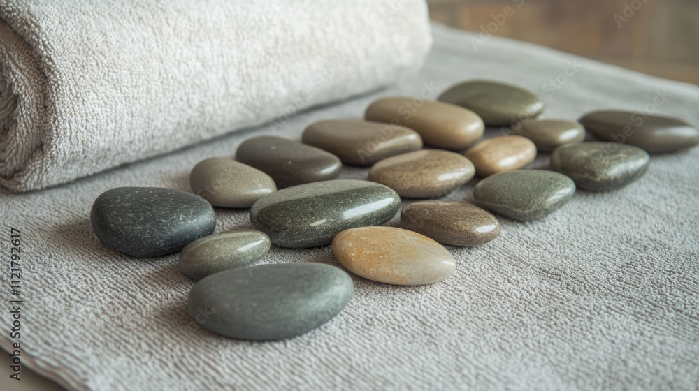 Poster Calm spa setting with smooth massage stones arranged on a soft towel in a relaxing recreational center environment