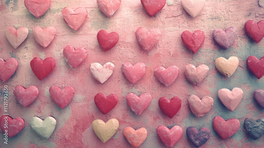 Poster valentine's day flat lay with colorful heart shapes on a pastel pink background creating a romantic 