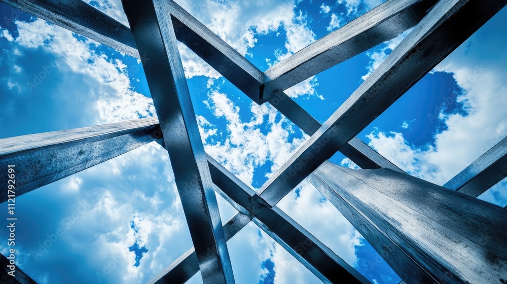 Poster steel framework seen from below with clouds and blue sky in the background showcasing modern archite