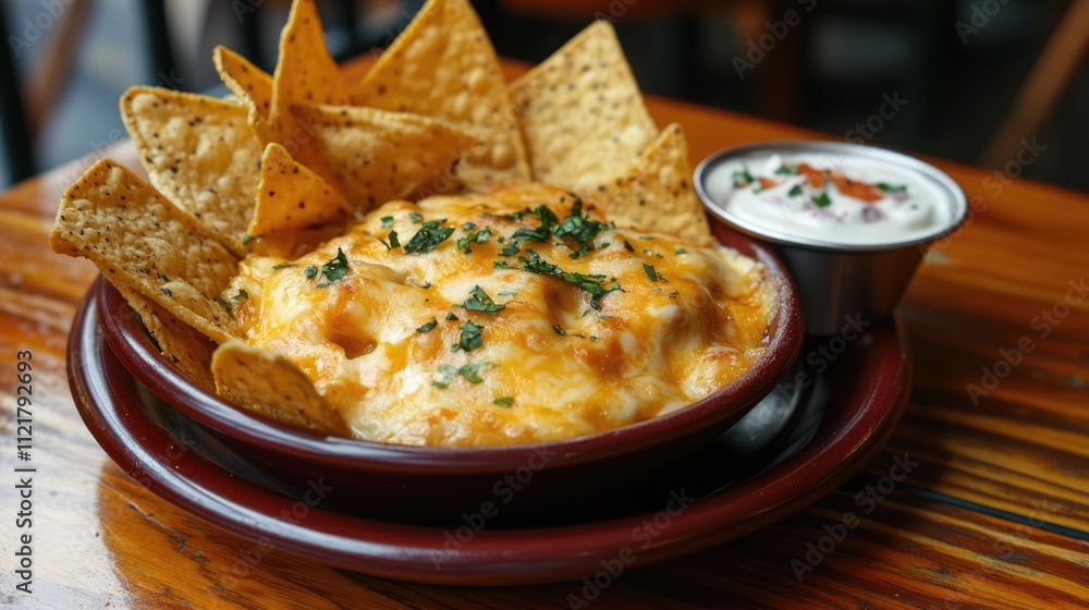 Poster delicious tortilla chips accompanied by creamy melted cheese dip and fresh toppings in a rustic sett