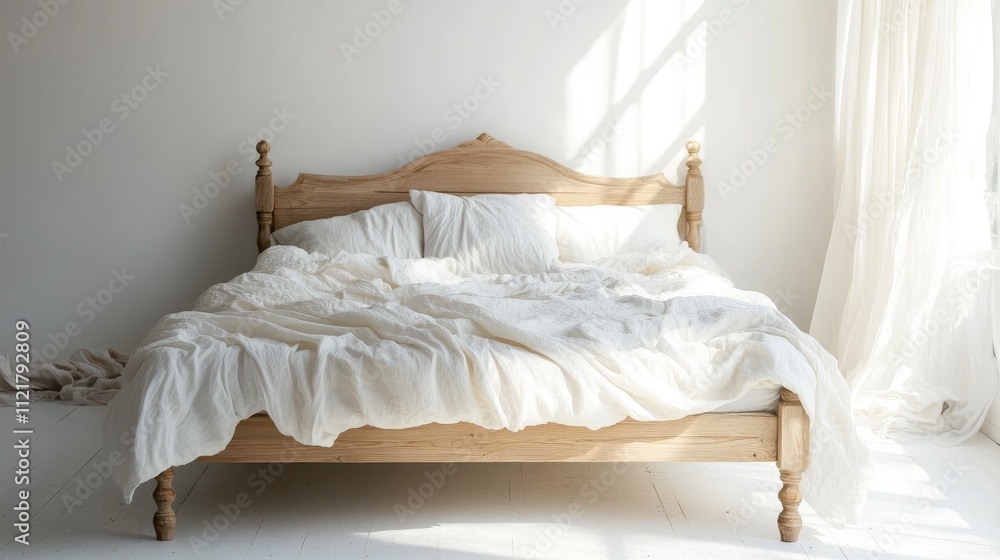 Poster rustic wooden bed with soft white bedding elegantly arranged in a bright minimalistic interior setti
