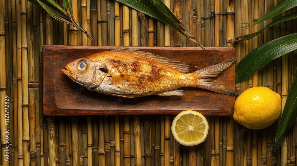 Poster smoked fish served with fresh lemon on a rustic bamboo backdrop creating a vibrant culinary presenta