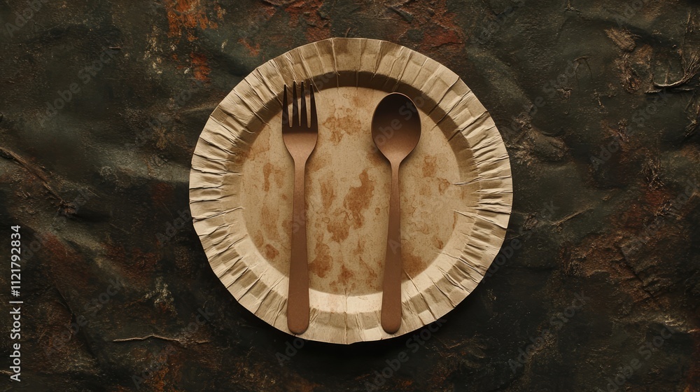 Poster Top view of a rustic paper plate with fork and spoon on textured background for artistic food presentation and dining concepts