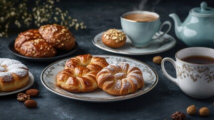 Breakfast pastries and sweets with nuts on a dark backdrop featuring coffee and tea in an elegant setting for a cozy morning vibe