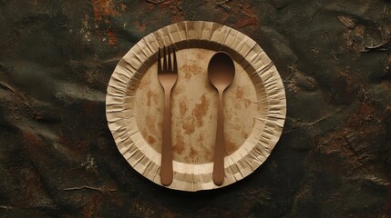 Fototapeta premium Top view of a rustic paper plate with fork and spoon on textured background for artistic food presentation and dining concepts