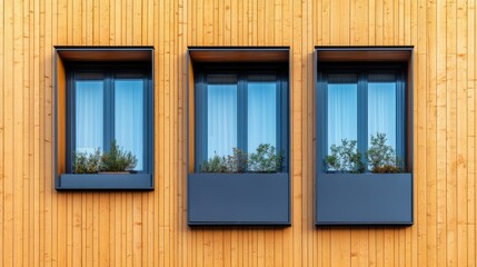 Fototapeta premium Scandinavian style residential building facade featuring modern windows with greenery in wooden exterior design
