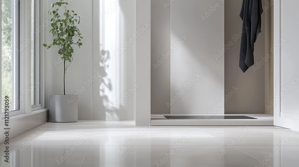 Poster Tile leveling system showcased in modern bathroom with natural light and minimalistic design, highlighting clean lines and spaciousness.