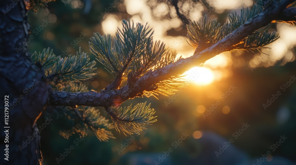 Poster sunset casting warm light through pine tree branches in a serene natural setting creating a tranquil