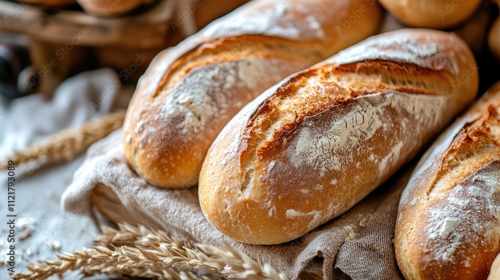 Aufkleber freshly baked artisanal baguette bread loaves on linen with wheat grains in a rustic kitchen setting