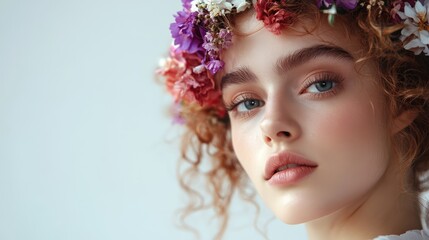 Naklejka premium Portrait of a young woman with curly hair and a floral crown against a light background showcasing beauty and elegance in a studio setting