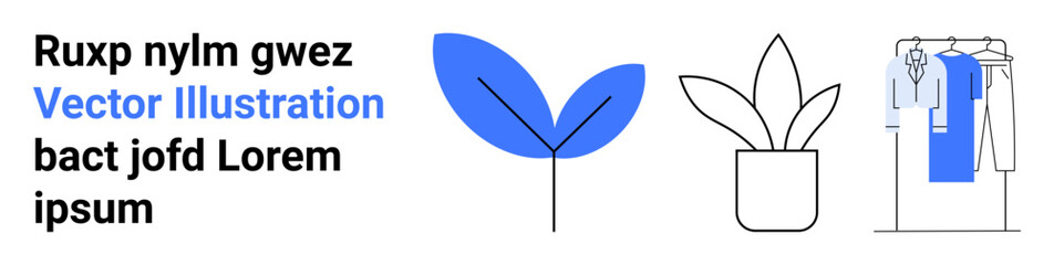 Fototapeta premium Tow leaves, a potted plant, and a clothing rack with various garments next to placeholder text. Ideal for eco-friendly products, interior design, nature themes, fashion, retail marketing, minimalism