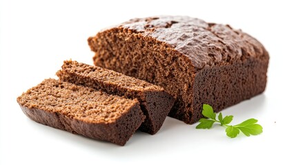 Wholemeal bread loaf sliced with fresh herbs on a white background showcasing healthy artisanal baking and nutritious ingredients.