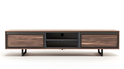 A modern TV stand with storage drawers on a white background.
