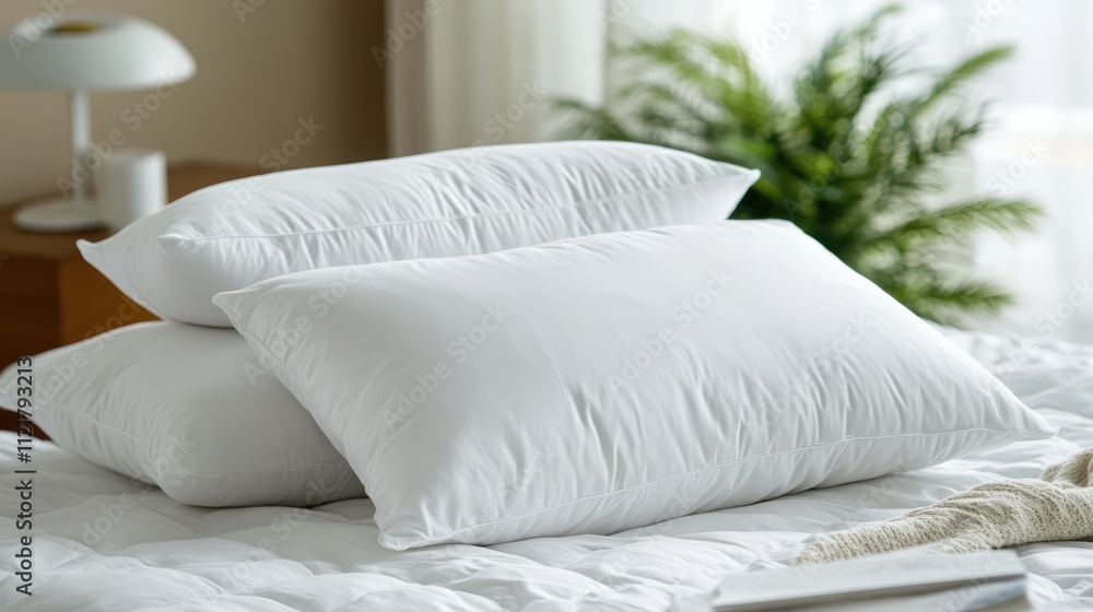 Poster luxurious white pillows on a neatly made bed with sunlight streaming through windows creating a sere