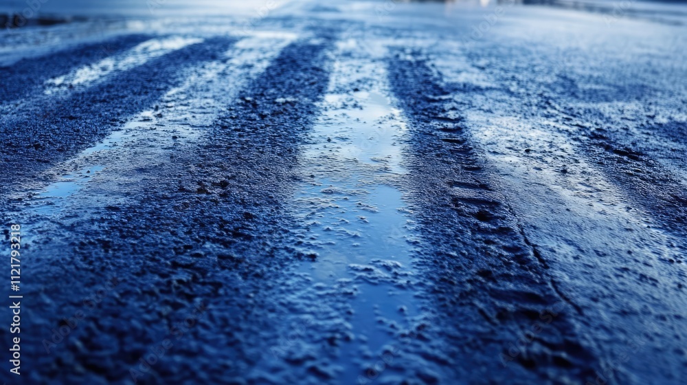 Poster Tire tracks on wet pavement reflecting light showcasing texture and patterns in a rainy urban setting