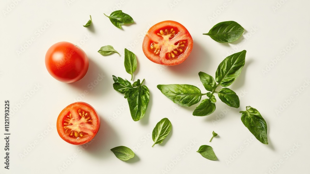 Aufkleber fresh tomatoes and basil leaves arranged on a white background for a vibrant culinary presentation o