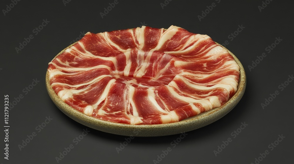 Poster thinly sliced pork belly elegantly arranged on a rustic ceramic plate against a dark background show