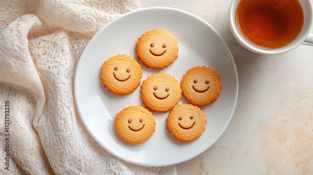Poster Top view of smiley face cookies on a white plate beside a cup of tea on a cozy table setting ideal for a sweet treat or afternoon snack