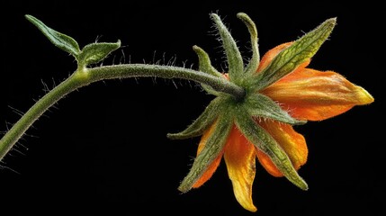 Tomato Flower Closeup Lycopersicon Esculentum Showing Petals and Green Sepals on Black Background