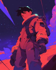Astronaut on an Alien Planet: A Stunning Space Exploration Artwork. Vibrant Anime Illustration.