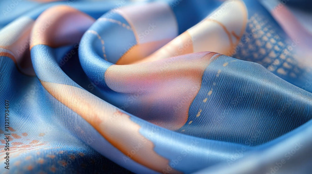 Poster blue silk scarf texture with pastel patchwork pattern abstract designs in soft folds showcasing intr