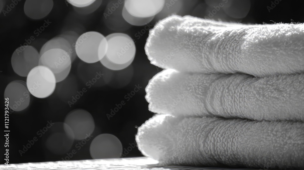 Aufkleber soft white towels neatly stacked on a surface with a blurred bokeh background creating a serene and 
