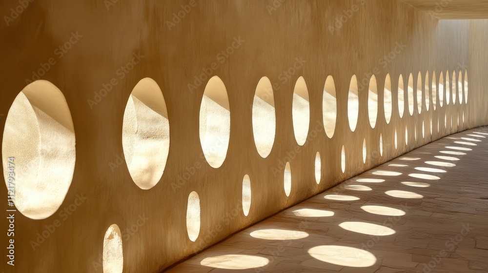Aufkleber Sunlight streaming through circular openings casts beautiful patterns on cream colored walls in a modern architectural interior.