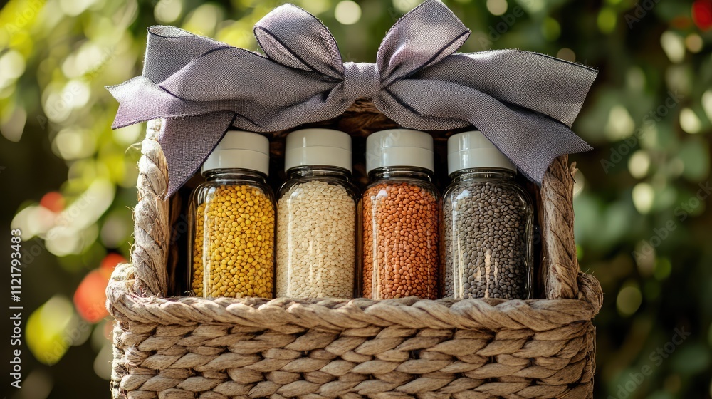 Poster wicker basket with gray bow holding four bottles filled with colorful lentils flax and poppy seeds a