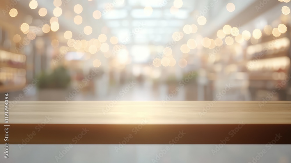 Poster elegant blurred background of a modern shopping mall with bokeh lights and a wooden table top ready 