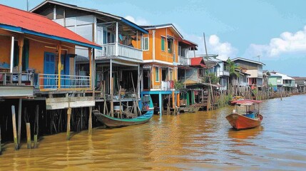 Obraz premium Vibrant Floating Village on Stilts by the River