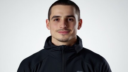 Obraz premium Confident athlete smiling while gazing upward against a white background showcasing positivity and determination in sportswear