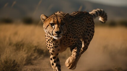 Cheetah Running Across Savannah Grassland At Sunset