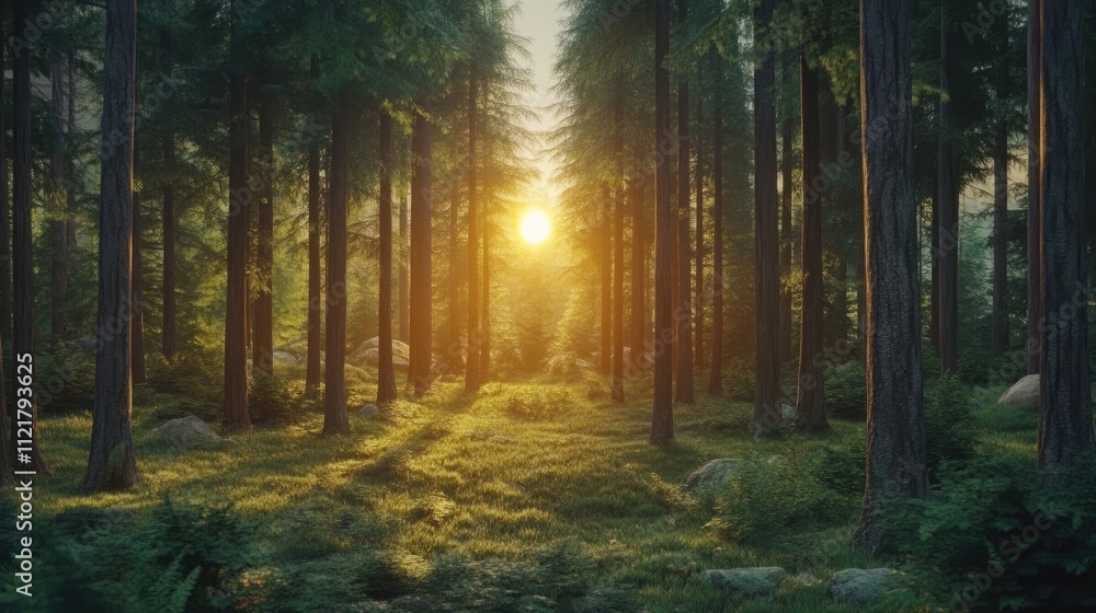 Poster Sunlight filtering through tall trees in a serene forest setting with lush greenery and soft shadows on the ground at dusk.