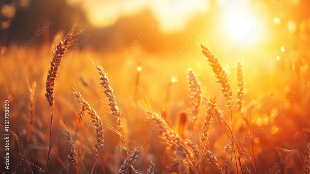 Poster golden hour sunset illuminating wheat fields with soft light and warm hues creating a serene and tra