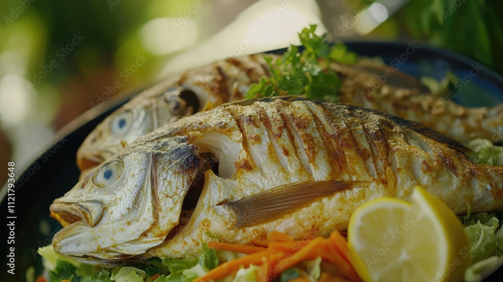 Poster tandoori pomfret fish served on a platter with lemon mint cabbage and carrot salad showcasing vibran