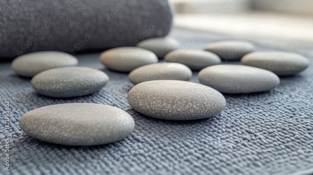Poster spa stones arranged on a massage table with a towel in a serene recreational center setting for rela