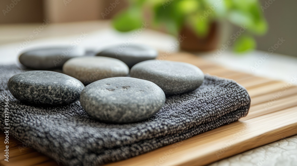 Poster spa stones neatly arranged on a gray towel atop a wooden table in a tranquil wellness center environ
