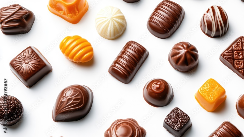Poster assorted gourmet chocolates arranged artistically on a clean white background showcasing various sha
