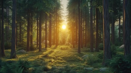 Fototapeta premium Sunlight filtering through tall trees in a serene forest setting with lush greenery and soft shadows on the ground at dusk.