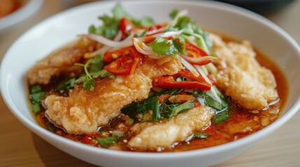 Fototapeta premium Crispy fried catfish topped with hot chili sauce, fresh vegetables, and accompanied by beef broth and fried onions for an appetizing feast.