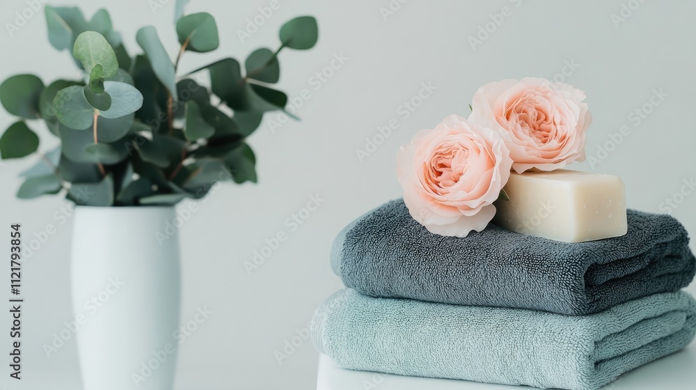 Poster spa essentials featuring stacked towels, bars of soap, and fresh flowers arranged against a soft whi