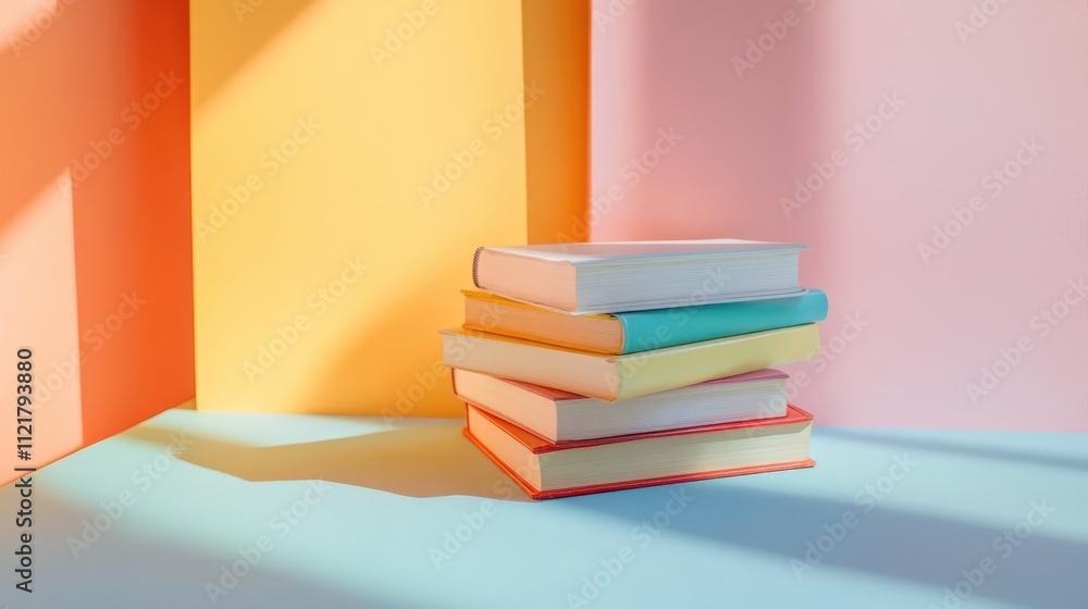Poster colorful stacked books with bright shadows in a minimalistic setting showcasing creativity and knowl