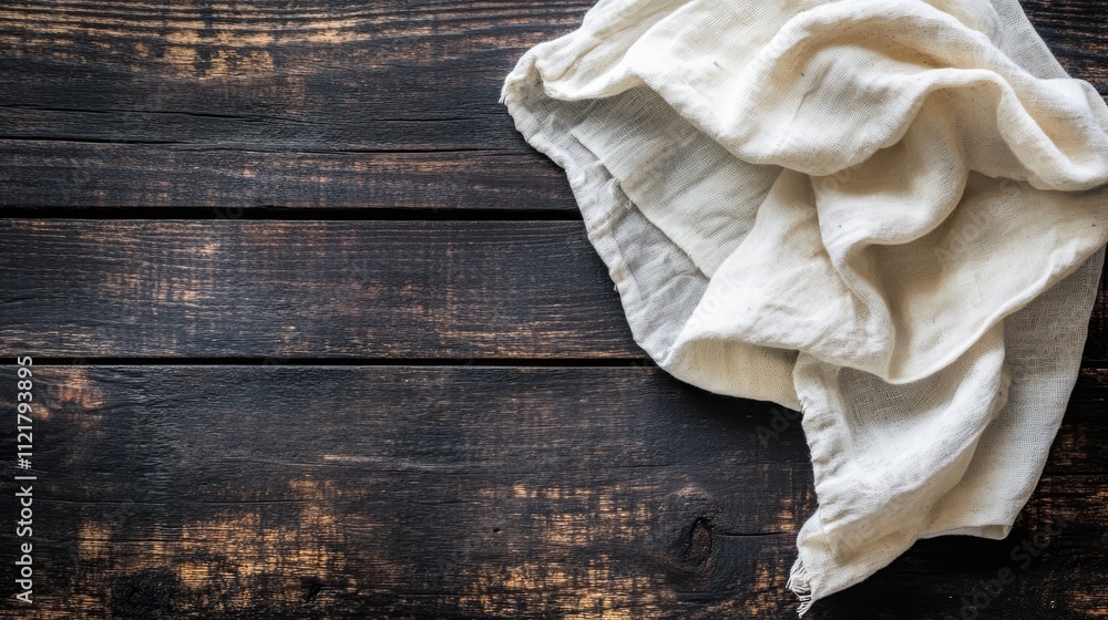 Poster Top view of a linen kitchen towel resting on a rustic dark wooden table with ample copy space for text or branding elements
